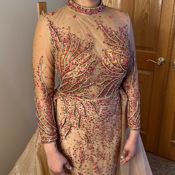 Custom Evening gown red rhinestone jewel encrusted rose gold sequin dress size 6 - Picture 7 of 16